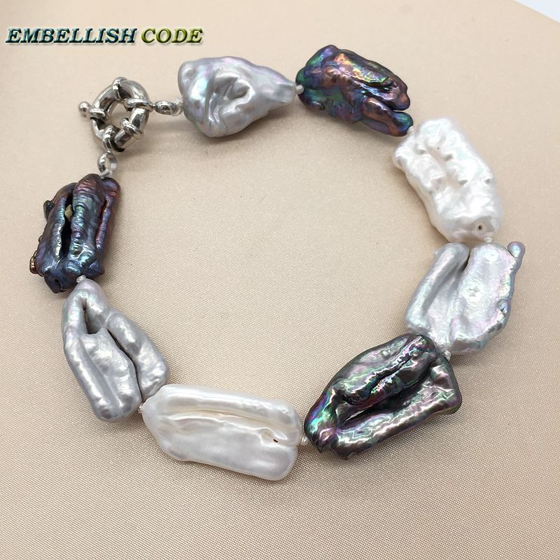 2020 new kind baroque pearl bracelet Bangles white grey black color flat block shape real Cultured pearls gift for girl