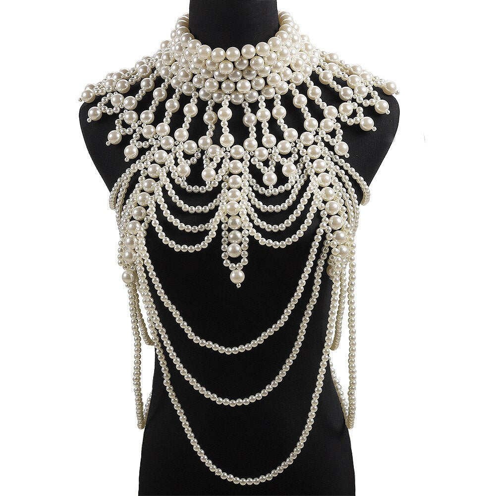 2021 European Multi Layered White Pearl Hyperbole Long Strap Necklace Body Chain Jewelry Ladies Pearl Choker Tassel Fringe Chain