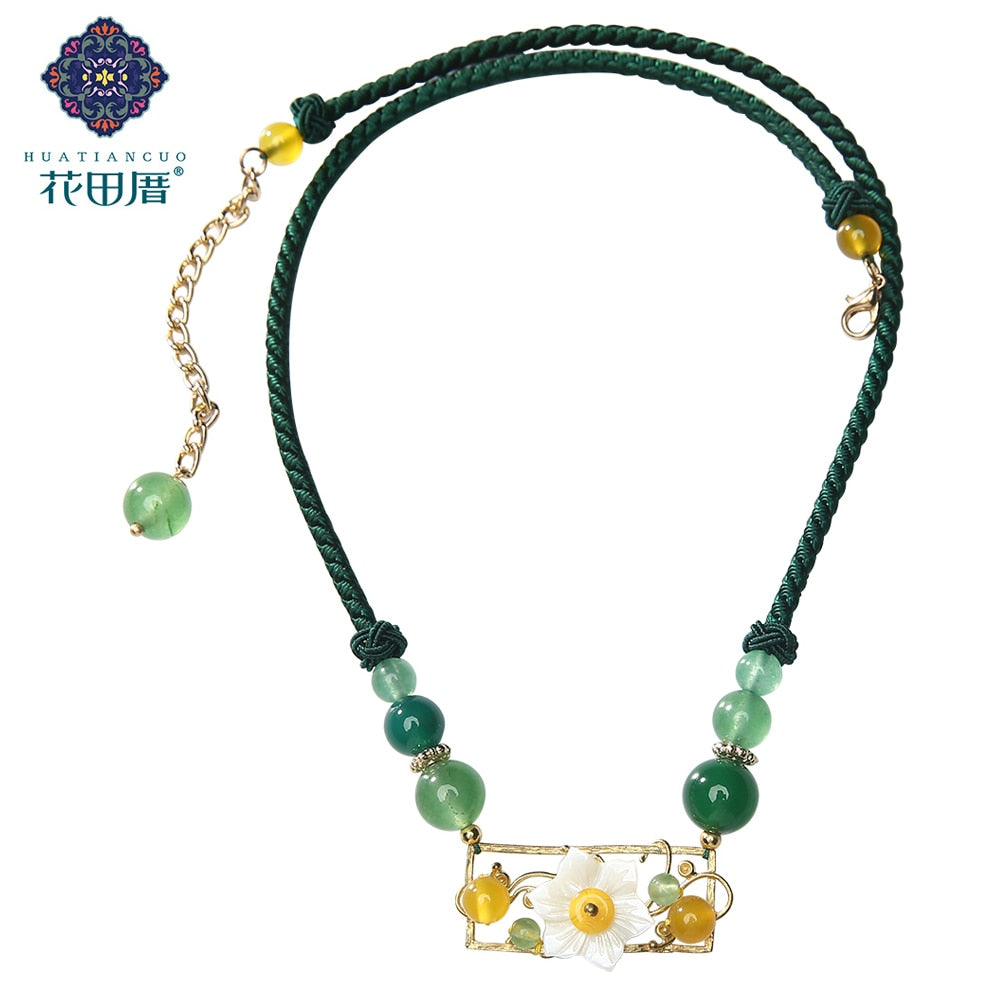 2021 Female Accessories Chinese Style Chokers Necklace Woman Jewelery White Shell Flower Green Yellow Stone Beads Rope DL-195011