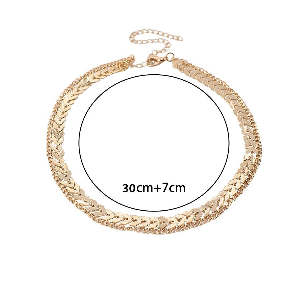 2021 Gold Color Metal Two Layer Choker Necklaces Fishbone Chain Simple Jewelry Collana Kolye Bijoux Collares Mujer Collier Femme
