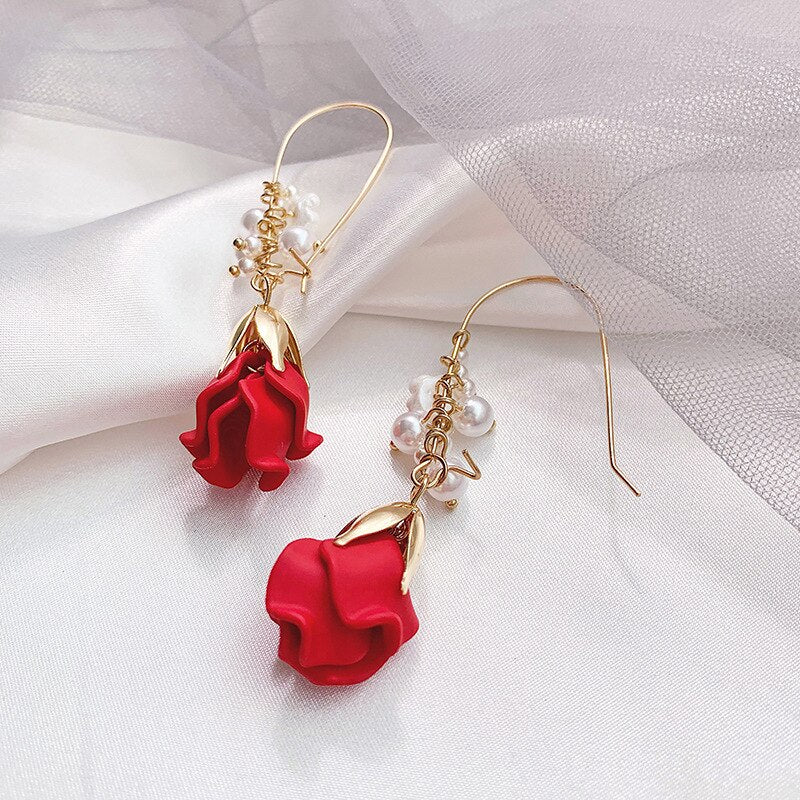 2022 Korea Jewelry Design Sweet Romantic Red Rose Earrings Elegant Pearl Wreath Earrings for women gift