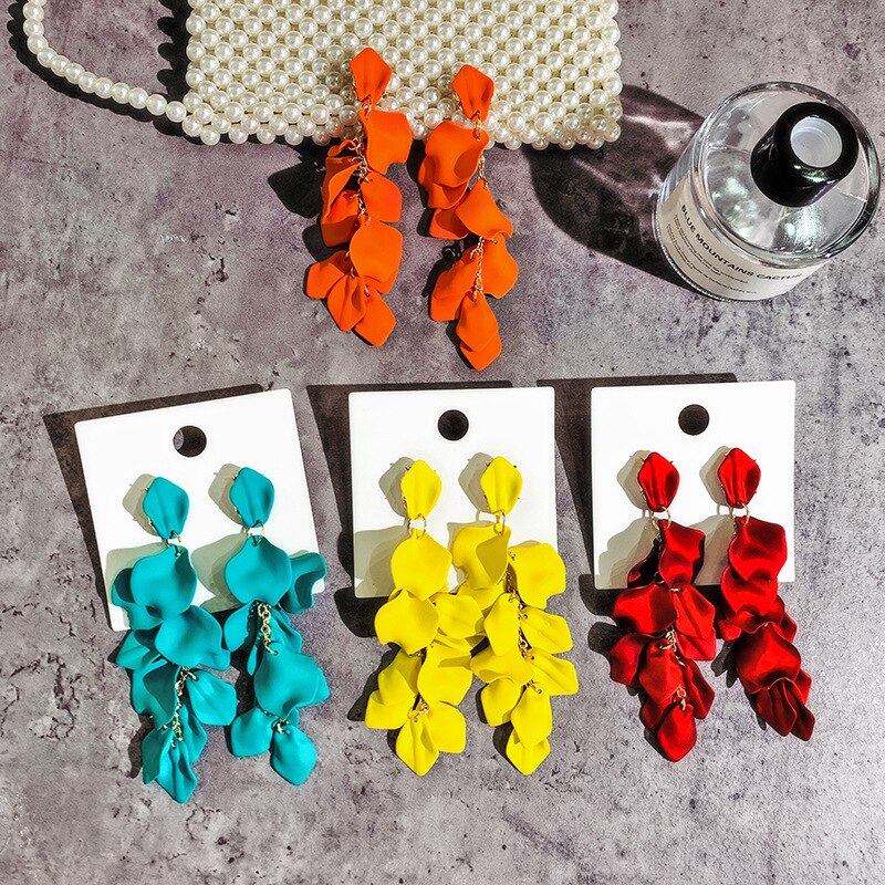 2022 Korea jewelry long exaggerated rose petals earrings 5 colors beach party earrings for women gift