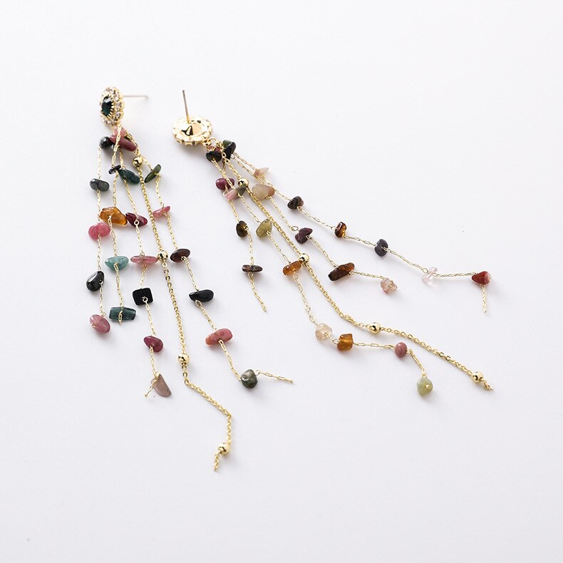 2022 Korean Design Jewelry Long Chain Personality Color Stone Earrings Crystal Tassel Earrings for women gift