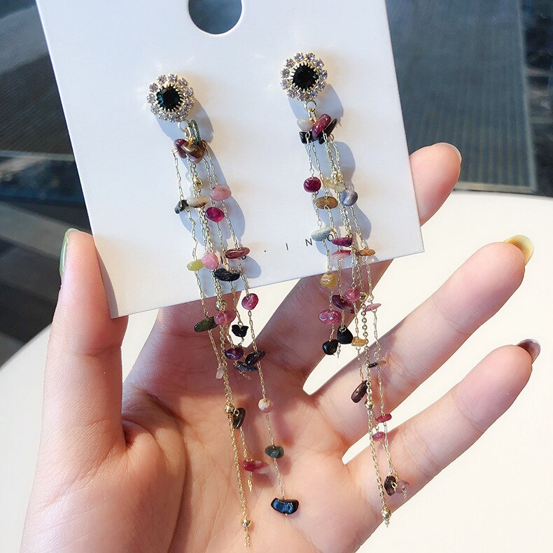 2022 Korean Design Jewelry Long Chain Personality Color Stone Earrings Crystal Tassel Earrings for women gift