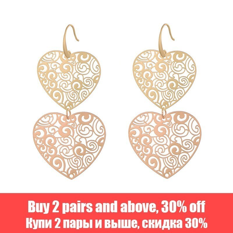 2022  Big Gold Heart Earrings For Women Vintage Geometric Pattern Statement Drop Earrings Boho Ethinc Metal Jewelry