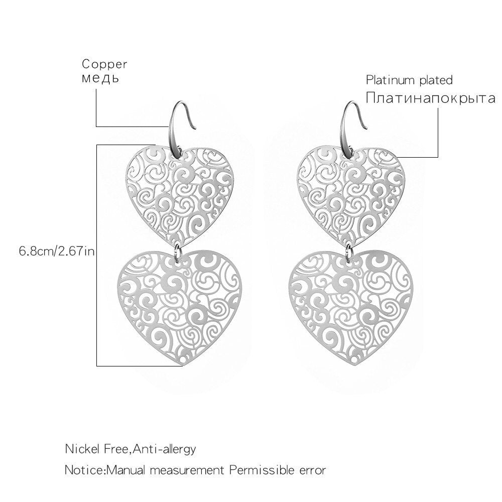2022  Big Gold Heart Earrings For Women Vintage Geometric Pattern Statement Drop Earrings Boho Ethinc Metal Jewelry
