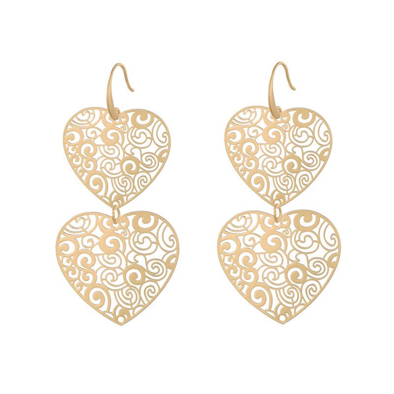2022  Big Gold Heart Earrings For Women Vintage Geometric Pattern Statement Drop Earrings Boho Ethinc Metal Jewelry