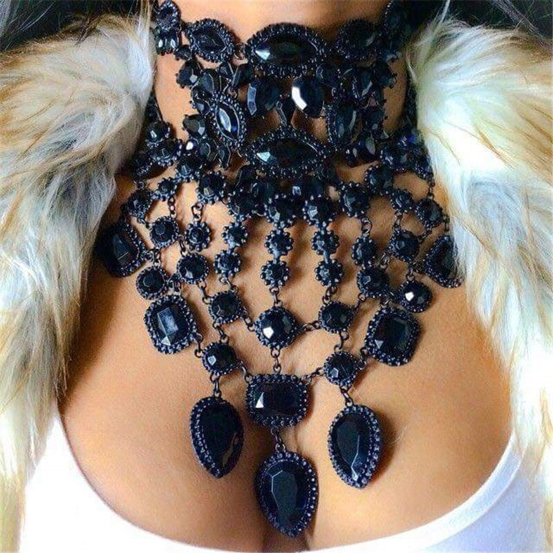 2021 Black Big Rhinestones Choker Necklace Boho Maxi Statement Necklaces Women Collar Jewelry Pendant Choker Jewelry