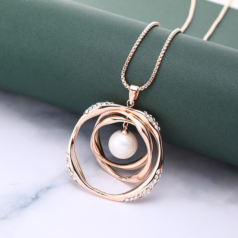 2022 Imitation Pearl Pendant Necklace For Women Geometric Ball Gold Color Long Sweater Chain Wedding Necklace Jewelry Gift