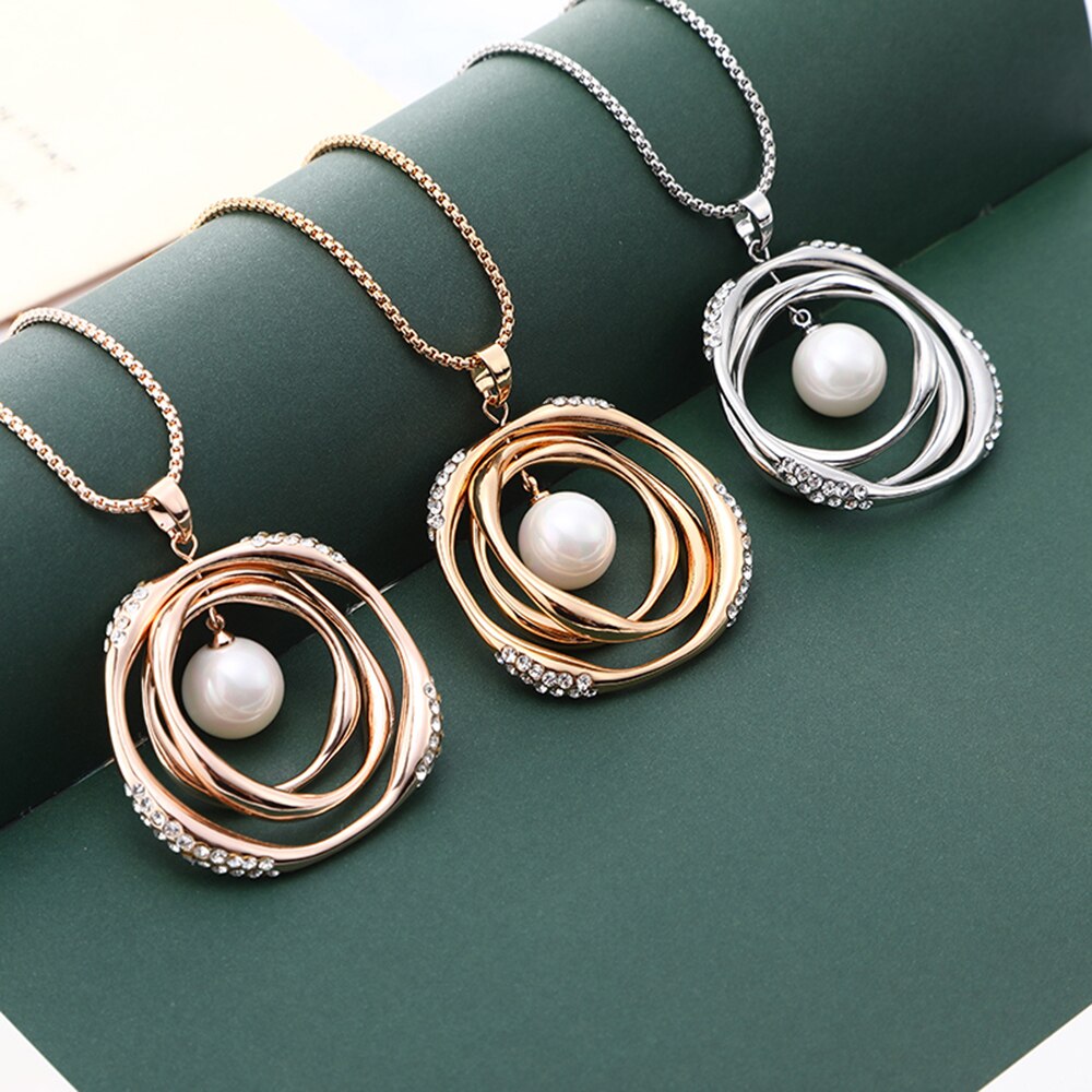 2022 Imitation Pearl Pendant Necklace For Women Geometric Ball Gold Color Long Sweater Chain Wedding Necklace Jewelry Gift