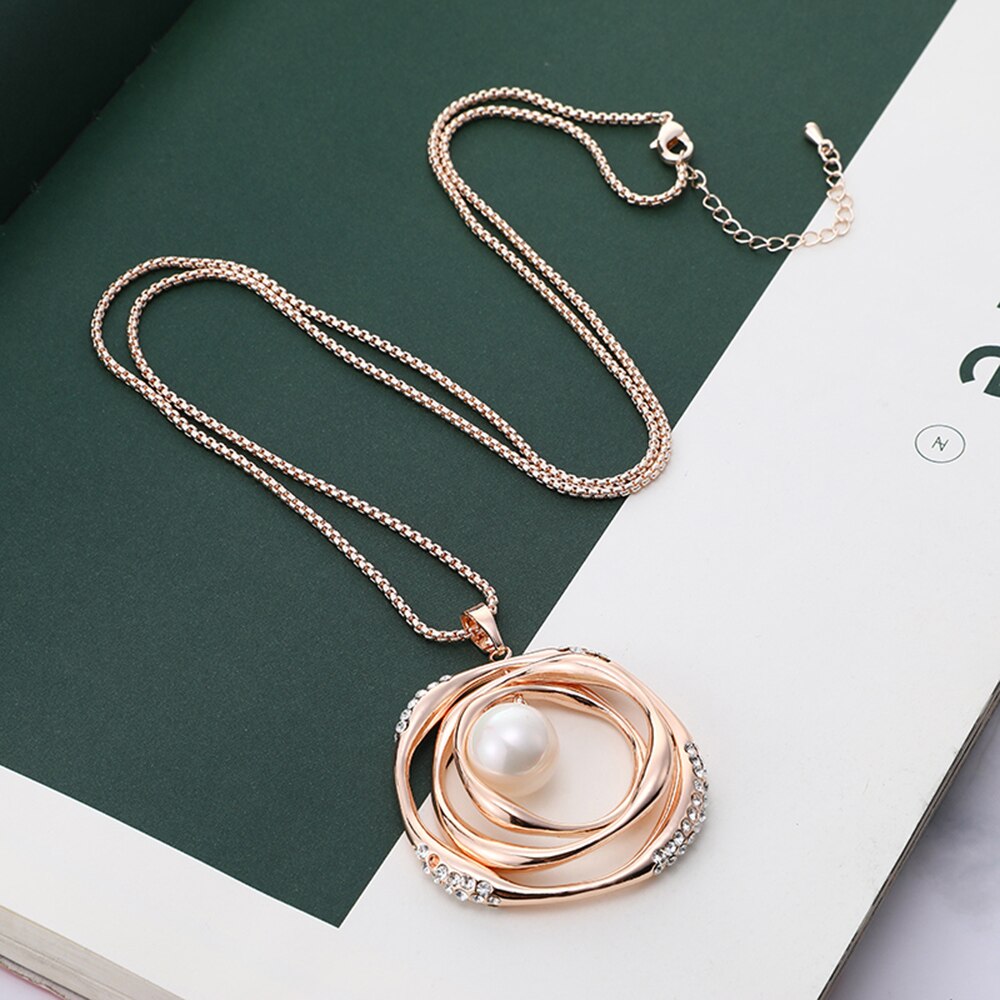 2022 Imitation Pearl Pendant Necklace For Women Geometric Ball Gold Color Long Sweater Chain Wedding Necklace Jewelry Gift
