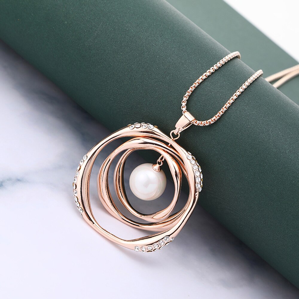 2022 Imitation Pearl Pendant Necklace For Women Geometric Ball Gold Color Long Sweater Chain Wedding Necklace Jewelry Gift