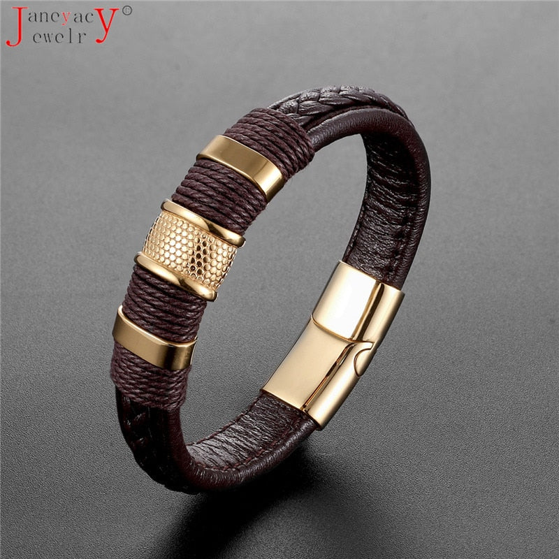 2021  Jewelry Punk 12 Color Stainless Steel Accessories Weave Genuine Leather Women Bracelet Men Bangles Hombre Pulseras
