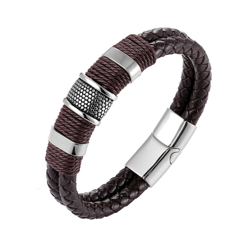 2021  Jewelry Punk 12 Color Stainless Steel Accessories Weave Genuine Leather Women Bracelet Men Bangles Hombre Pulseras