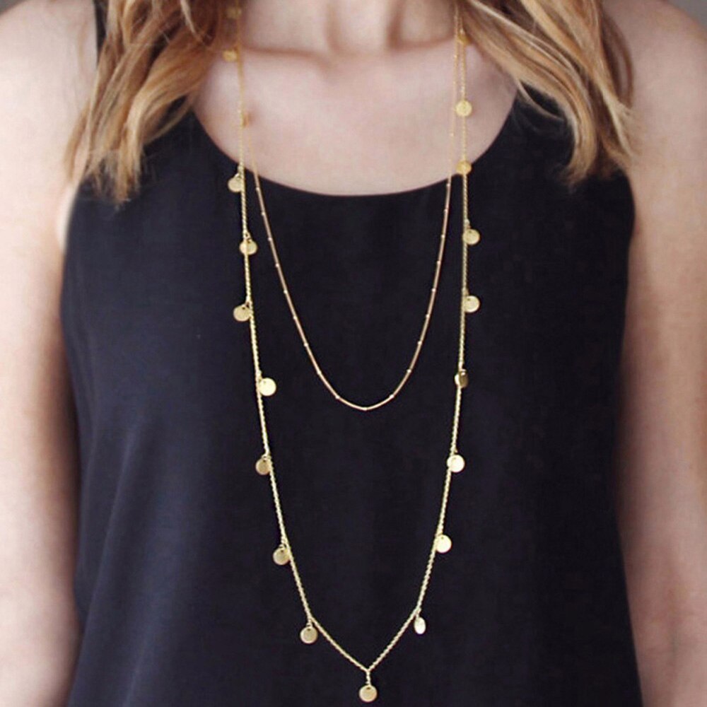 2021  accessories female long necklace bohemian style personality sequins round bead chain multi-layer necklace