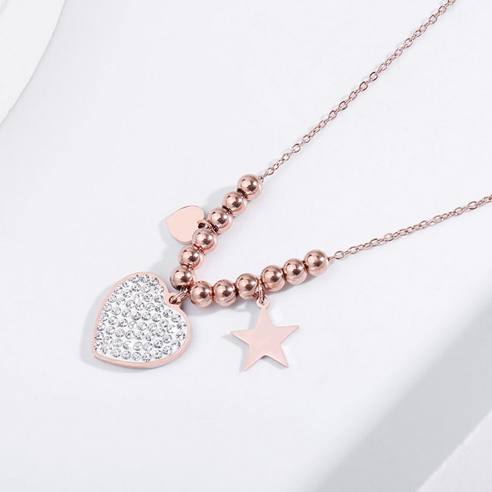 2022 Crystal Heart Love Stars Pendant Stainless Steel Necklace For Woman Simple Beads Choker Statement Necklaces women Jewelry