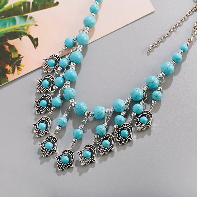 2022 Ethnic Hand Alloy Pendants Necklace Collier Femme Women&#39;s Vintage Turquoises Statement Jewelry Gifts