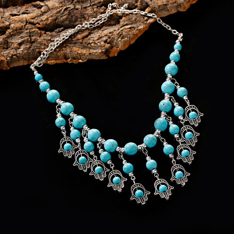2022 Ethnic Hand Alloy Pendants Necklace Collier Femme Women&#39;s Vintage Turquoises Statement Jewelry Gifts