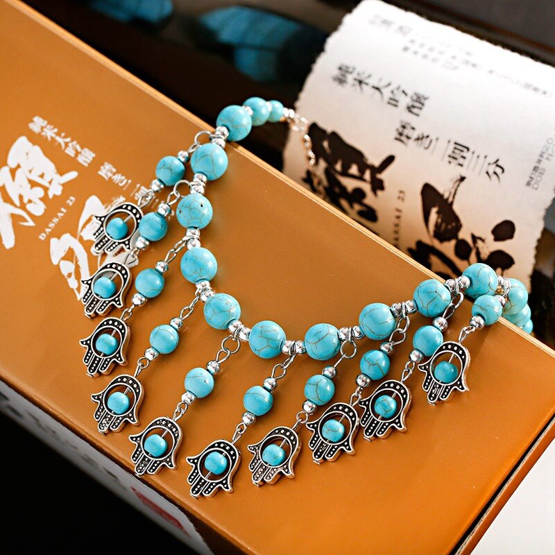 2022 Ethnic Hand Alloy Pendants Necklace Collier Femme Women&#39;s Vintage Turquoises Statement Jewelry Gifts
