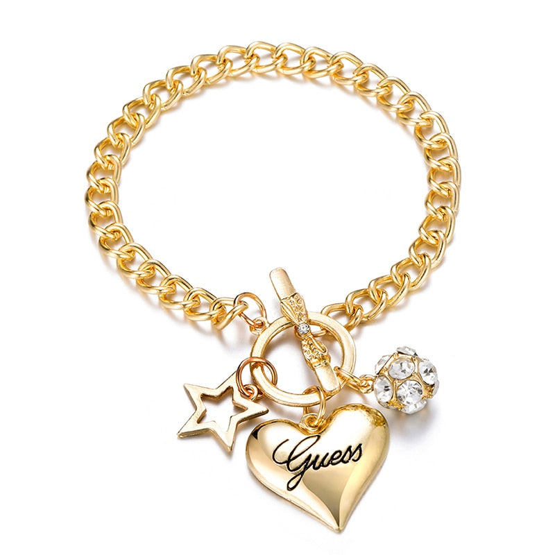 2021  Bow Cuff Crystal Rhinestones Gold Heart Bracelet Bangle For Women Lovers Party Jewelry Start Mujer Pulseras  Gifts