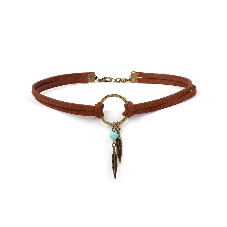 2021 Jewelry Gift Choker Brown Leather Choker Necklace Antique Copper Color Feather Shape Charm Vintage Chain Necklace