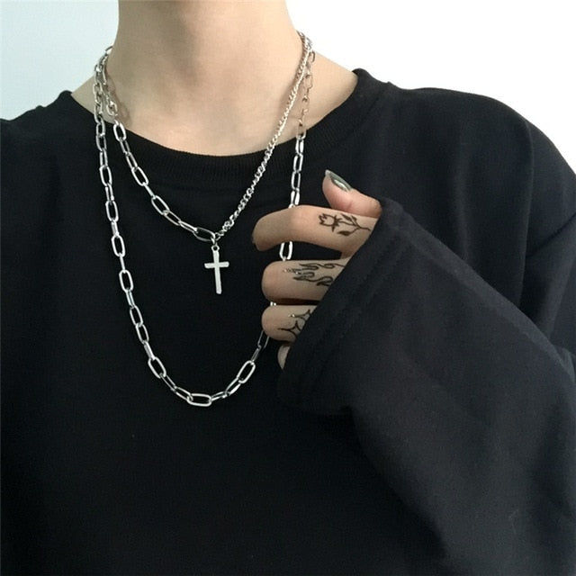 2021  Multilayer Silver Color Metal Chain Cross Necklace Couple Hip Hop Punk Geometric Pendant Necklaces for Women Men
