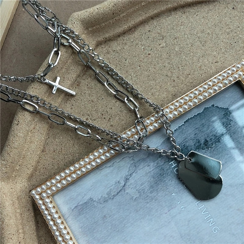 2021  Multilayer Silver Color Metal Chain Cross Necklace Couple Hip Hop Punk Geometric Pendant Necklaces for Women Men