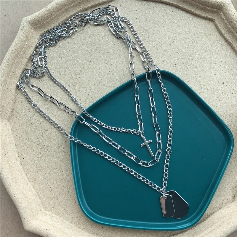 2021  Multilayer Silver Color Metal Chain Cross Necklace Couple Hip Hop Punk Geometric Pendant Necklaces for Women Men