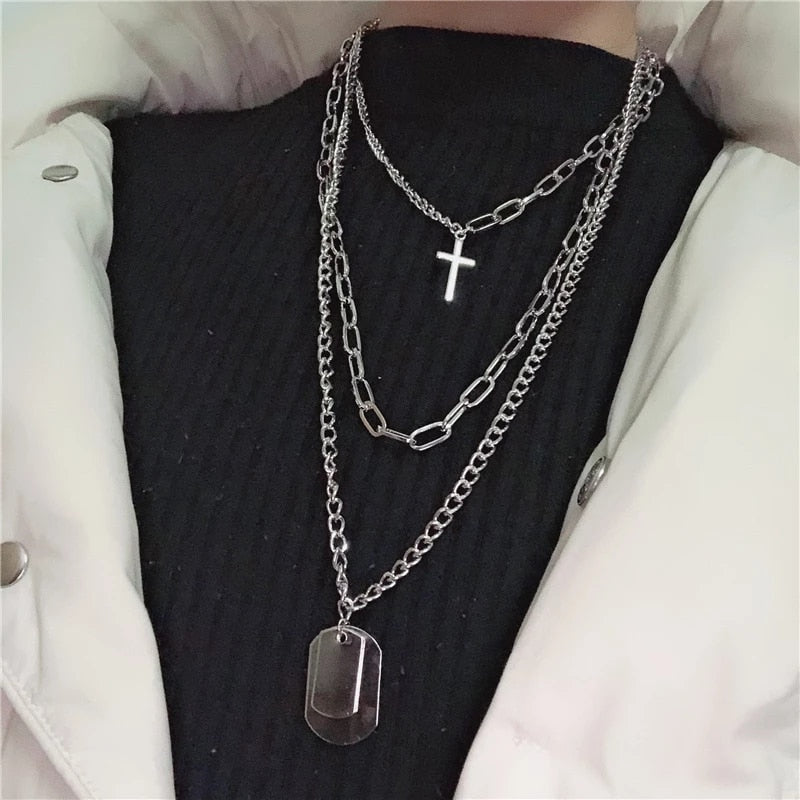 2021  Multilayer Silver Color Metal Chain Cross Necklace Couple Hip Hop Punk Geometric Pendant Necklaces for Women Men