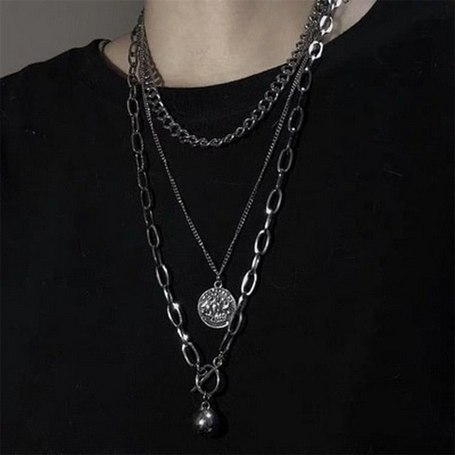 2021  Multilayer Silver Color Metal Chain Cross Necklace Couple Hip Hop Punk Geometric Pendant Necklaces for Women Men