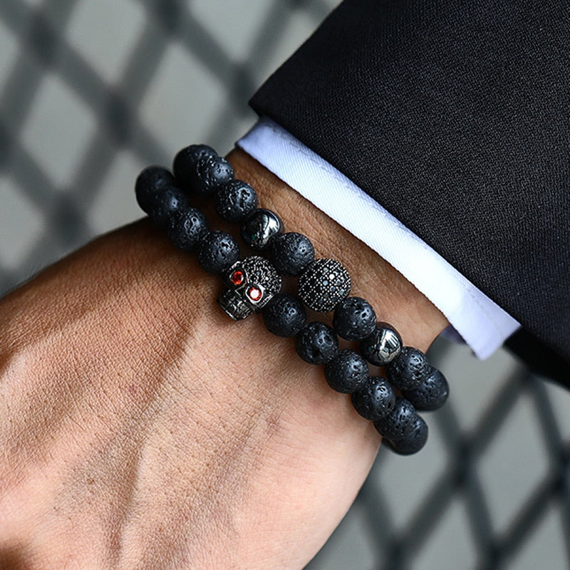 Men Bracelet Skull Disco Ball Charm 8MM Lava Stone Bead Bracelet For Men Jewelry Gift