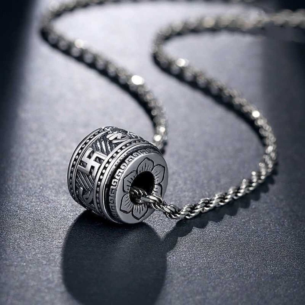 2021 Retro Cupronickel Silver Plated Necklace Barrel-shaped Carving Swastika Pendant Sweater Chain Charms Lucky Jewelry