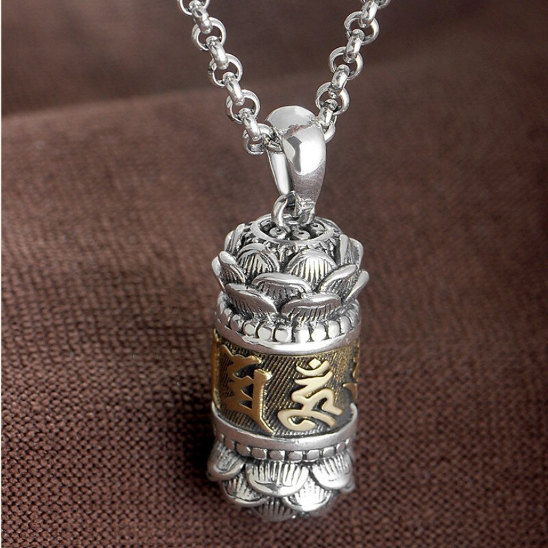 2021 Retro Cupronickel Silver Plated Necklace for Charm Lucky Jewelry Thai Mantra Symbol Six Word Proverbs Sweater Chain