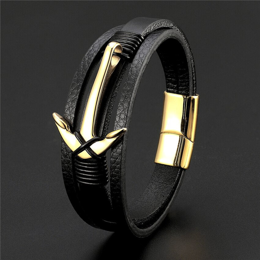 2021  Stainless Steel Anchor Bracelet Men Black Braided Multilayer Cowhide Leather Rope Bracelets Wrap Punk Charm Jewelry