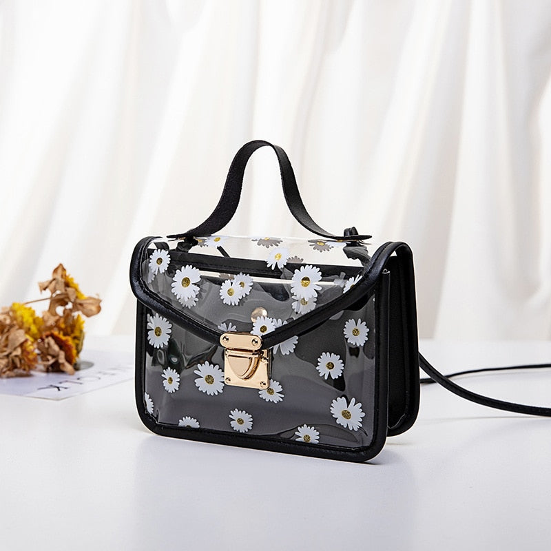 2022 Women Transparent Daisy Pattern Shoulder Bag Hardware Chain Strap Color Block Messenger Handbag Composite Tote
