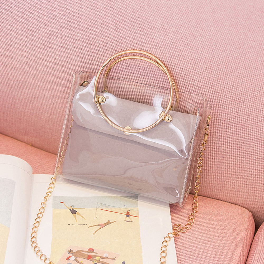 2022 Women Transparent  Pattern Shoulder Bag Hardware Chain Strap Color Block Messenger Handbag Composite Tote