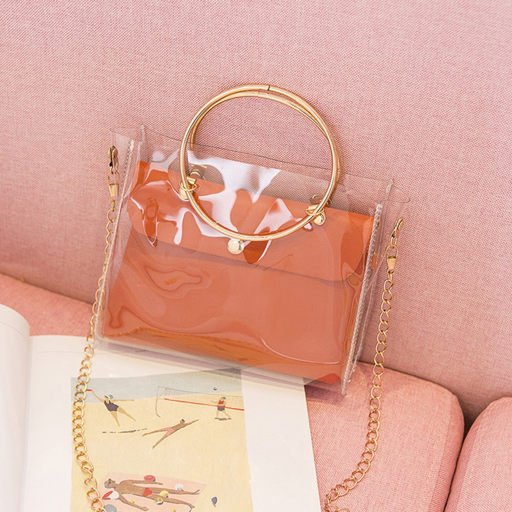 2022 Women Transparent  Pattern Shoulder Bag Hardware Chain Strap Color Block Messenger Handbag Composite Tote