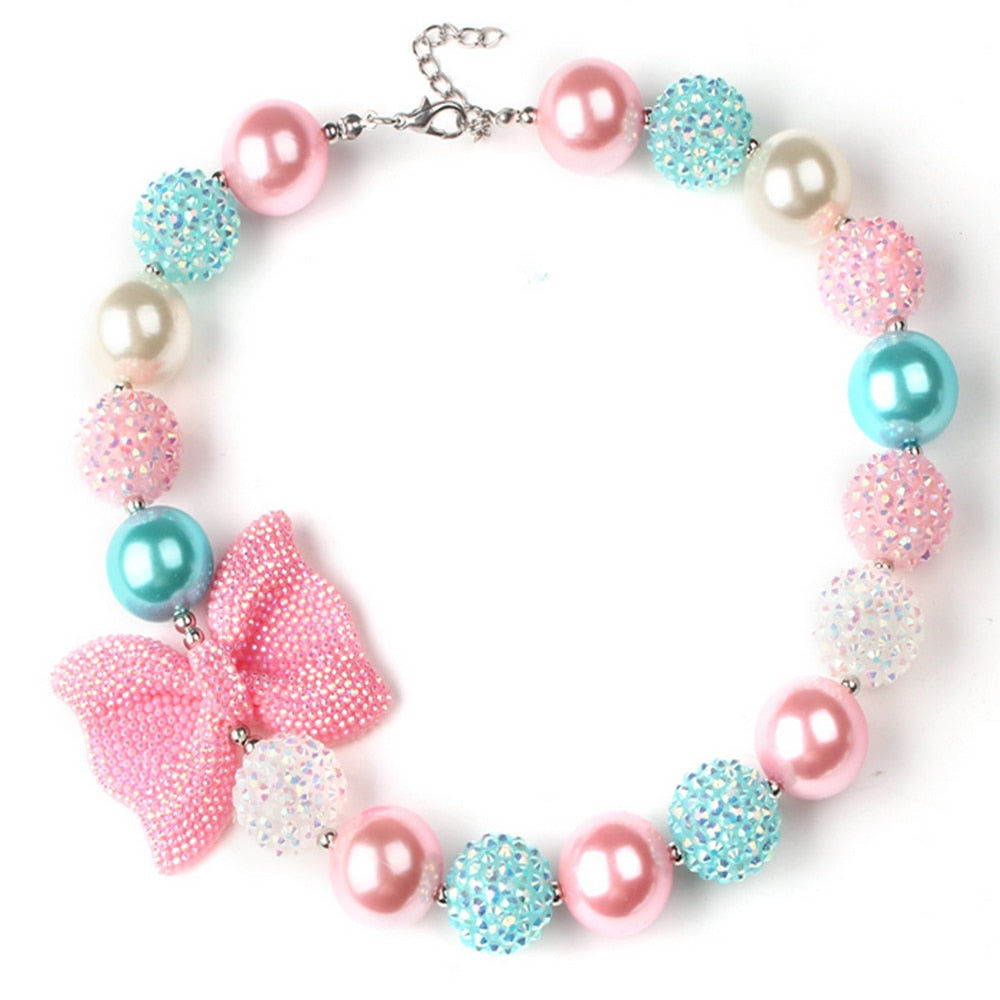 2021 Girls Lovely Resin Pink Bow 20mm Rhinestone Baby Chunky Beads Bubblegum Necklace Kids Birthday Gifts Dress Up Jewelry