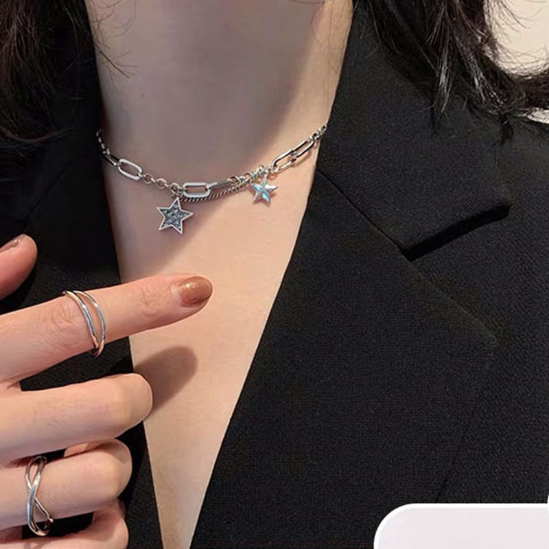 2021 Harajuku Crystal Stars Pendant Necklaces Punk Silver Color Vintage Trendy Chokers For Women Necklaces bijoux kolye