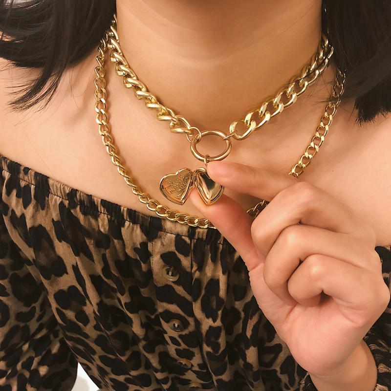 2021 Heart-Shaped Creative Openable Pendant Necklace Item Women Exaggerated Double-Layer Simple Chain Short Necklace Sale