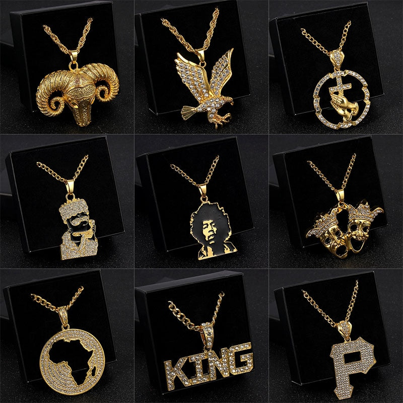 2021 Hip Hop Jewelry Gold Long Chain Necklaces Women Men Statement Letter Eagle Prayer Gesture Map Pendant Necklace