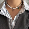 2021 Hip Hop Multi-layer Imitation Irregular Pearls Cross Chain Metal Beads Line  Chain Necklace for Women Jewelry
