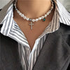 2021 Hip Hop Multi-layer Imitation Irregular Pearls Cross Chain Metal Beads Line  Chain Necklace for Women Jewelry