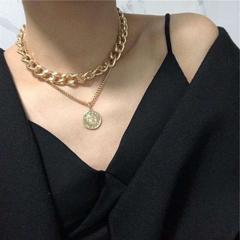 2021 Hiphop Multi Chains Chokers Necklaces for Women Vintage Coin Pendant Necklace Punk Jewelry Chain Statement Necklace
