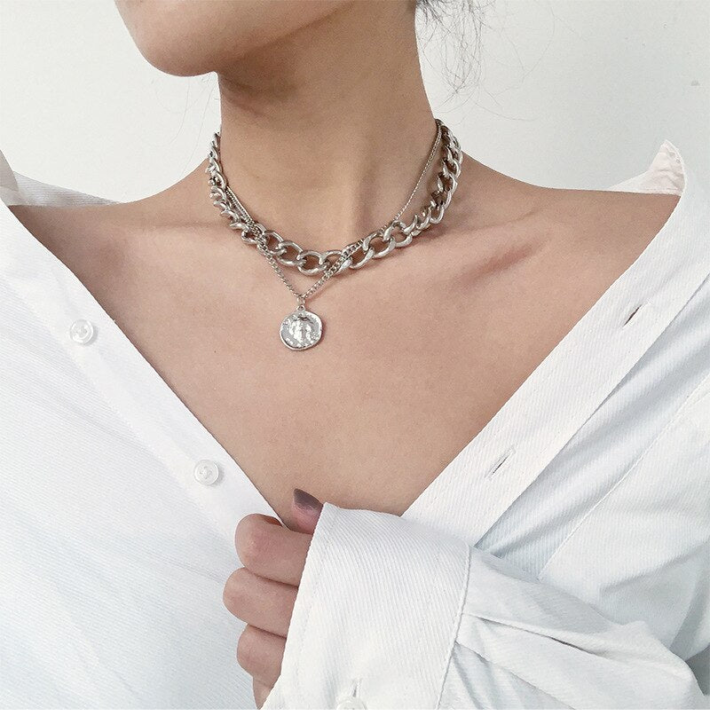 2021 Hiphop Multi Chains Chokers Necklaces for Women Vintage Coin Pendant Necklace Punk Jewelry Chain Statement Necklace