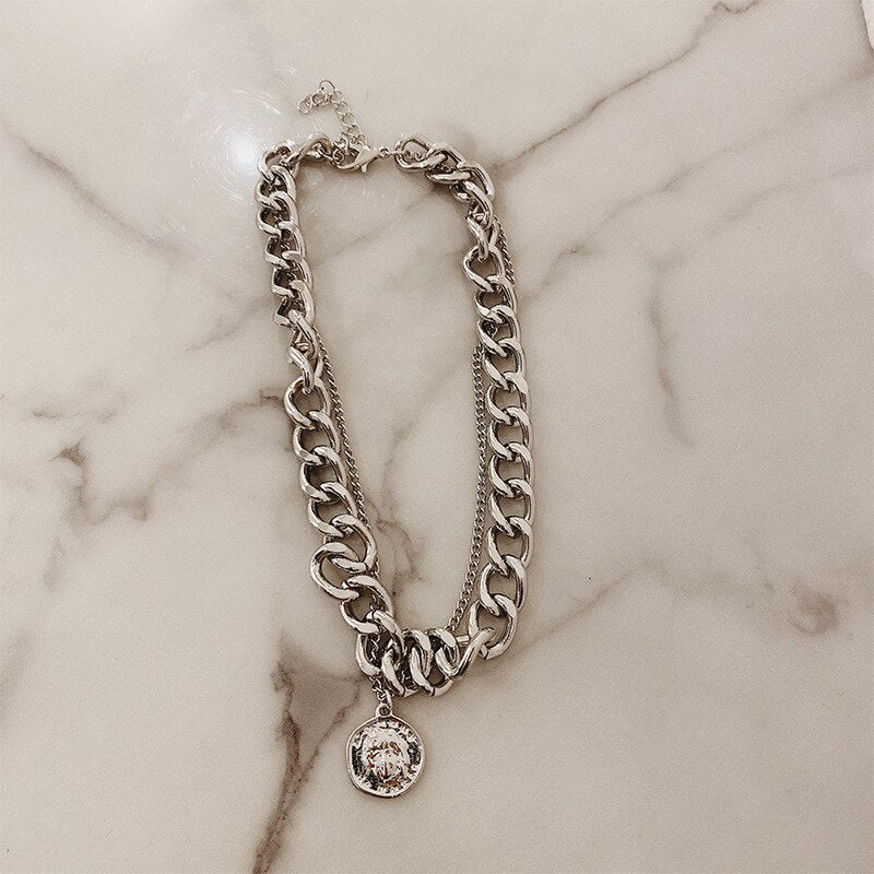 2021 Hiphop Multi Chains Chokers Necklaces for Women Vintage Coin Pendant Necklace Punk Jewelry Chain Statement Necklace
