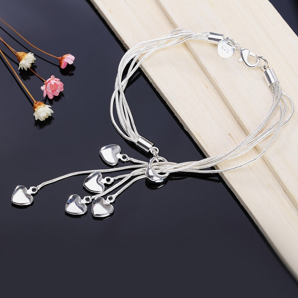 2022 925 Stamp Silver Color Bracelet Hook Five Heart Fine Jewelry Accessories Silver Charm Bracelets for Women Christmas