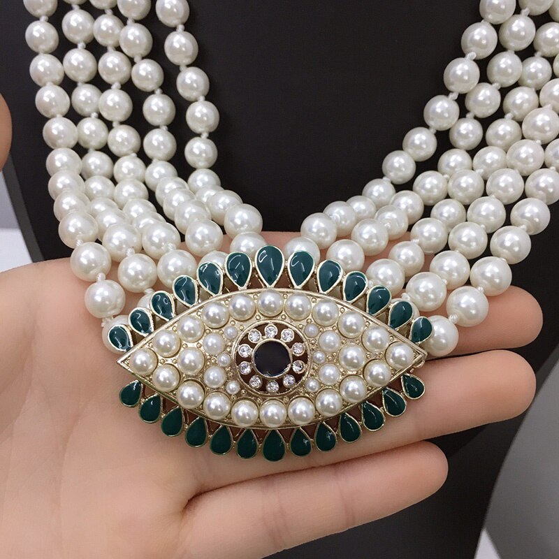 2021 Brand Jewelry Women Vintage Pearls Chain Big Eyes Pendants Pearls Chain Necklace Party Fine Jewelry