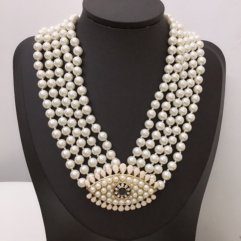 2021 Brand Jewelry Women Vintage Pearls Chain Big Eyes Pendants Pearls Chain Necklace Party Fine Jewelry