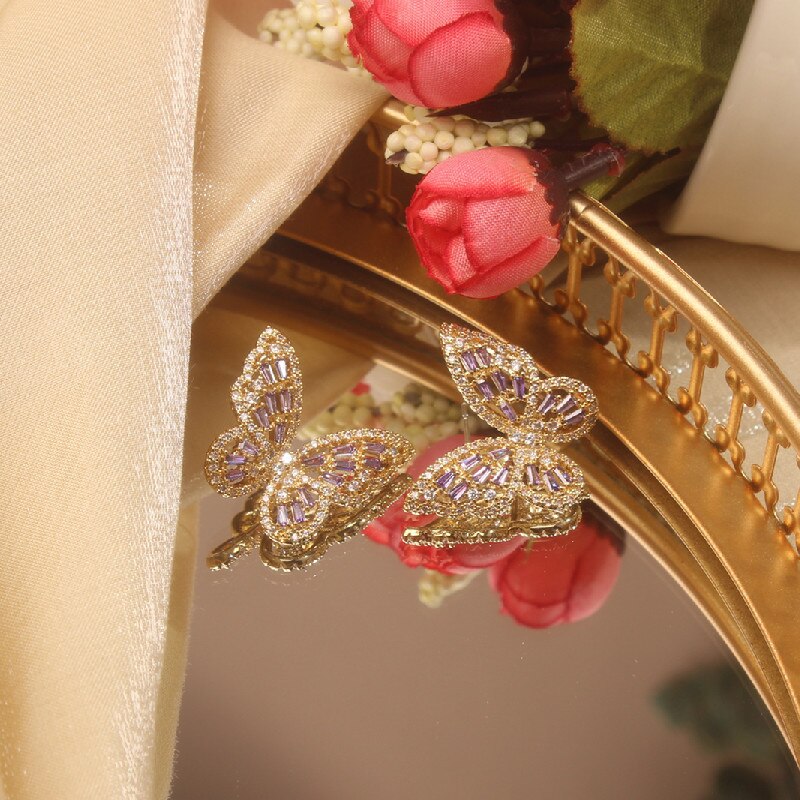 2022 Korea Jewelry Copper Inlaid Zircon Color Smart Butterfly Earrings Elegant Female Earrings